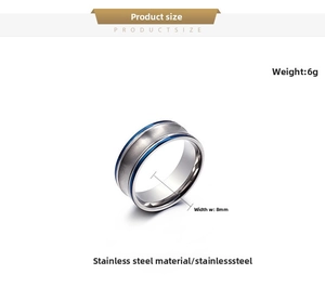 Vue détaillée d'une bague en acier inoxydable brossé 8mm avec insert de ligne bleue