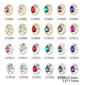 Matrix view of 24 alloy nail art charms with oval gems, pearls, and crystals in gold and silver