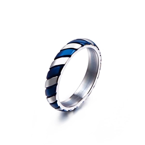 Minimalist silver and blue striped stainless steel ring shown from a 45-degree angle
