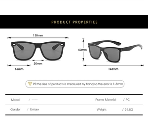 Detailed technical diagram showing dimensions and frame specifications of black unisex sunglasses
