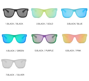 Detail view of seven color variations for cycling sunglasses with reflective lenses