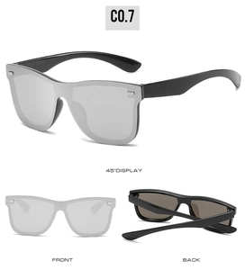 Detailed views of oversized reflective silver shield sunglasses with black frames