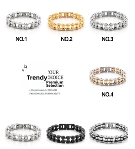 Detail view showing seven color variants of punk style stainless steel biker chain bracelets