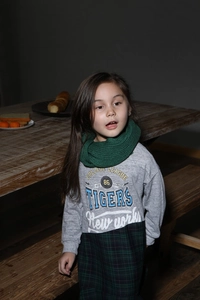 Detail of a green chunky knit scarf and grey tiger print shirt for children