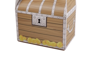 Detail of pink treasure chest gift box with faux wood grain and gold coin printing