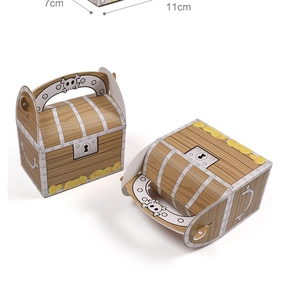Detail of pirate treasure box candy gift pack with wood grain and skull prints 11x7cm