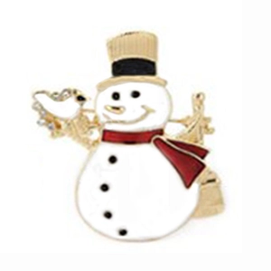 Detailed view of a white snowman brooch with a red scarf and black hat on white background