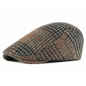 Classic plaid wool blend beret flat cap with vintage grey and brown pattern for winter