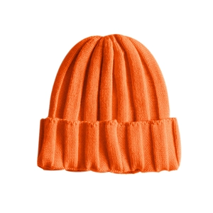 Classic bright orange knit beanie cap in solid color for kids and adults, front view