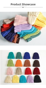 Detailed catalog of knit beanies in 17 colors featuring premium ribbed texture and folded cuffs
