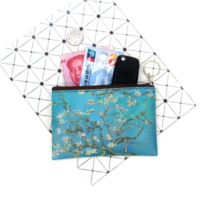 Vintage oil painting coin purse featuring almond blossom pattern and metal keychain