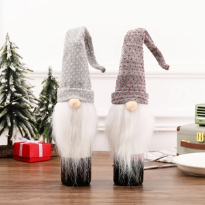 Copribottiglie Vino Natale Gnomo Tomte Decorazione Maglia Pelliccia Sintetica Barba Cappello Lungo Stile Nordico Tavola