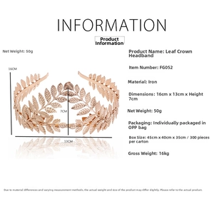 Detailed specifications of rose gold leaf crown headband with size and material info