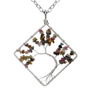 Detailed view of handmade silver wire wrapped tree of life pendant with colorful stones