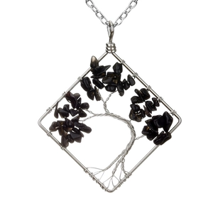 Handmade square wire-wrapped tree of life necklace with black natural stone chips.