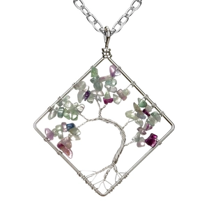 Macro detail of handmade wire-wrapped square tree of life pendant with colorful stones