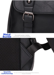Détail de la boucle en métal durable et des coutures renforcées du sac à dos noir