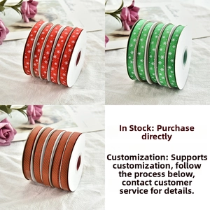 Detailed view of 1cm Christmas ribbons with red and green snowflake patterns for gift wrapping