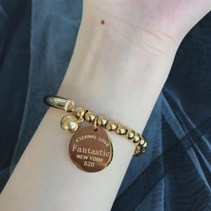 Minimalist Titanium Steel Round Bead Bracelet With Engraved Round Tag And Curved Tube Fashion Jewelry For Women