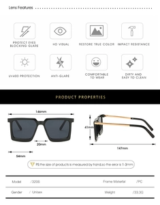 Detailed size chart for square frame sunglasses with UV400 lens and PC material specs