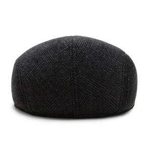 Men's winter flat cap with windproof ear flaps and textured gray twill fabric