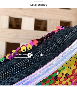 Detailaufnahme des glatten schwarzen Reißverschlusses einer bunten Kinder-Paillettentasche