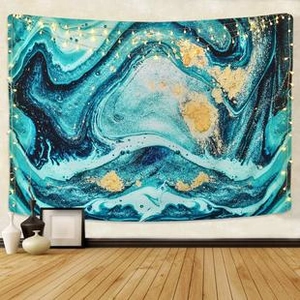 Detail of Nordic marble tapestry with warm string lights on a minimalist beige wall