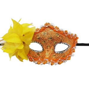 Elegant orange lace masquerade mask with a yellow flower and gold glitter accents