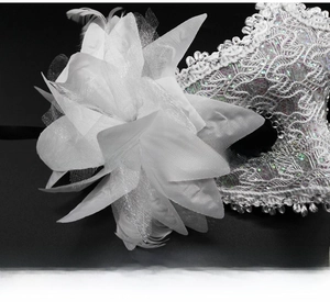 Detailed macro view of white lace masquerade mask with feather floral and silver sequins