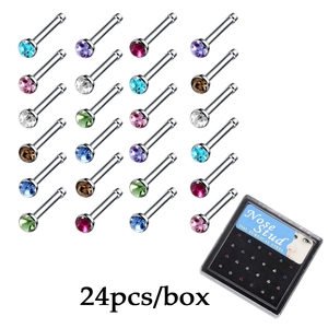 Set of 24 pieces surgical steel nose studs with colorful crystals in a black box