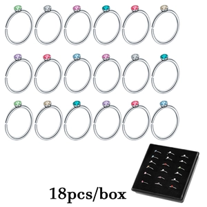 Set of 18 stainless steel nose studs with colorful zircon stones in a display box