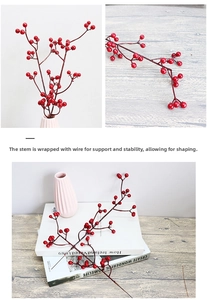 Detailed view of flexible red berry stems with bendable wire core for DIY floral decor