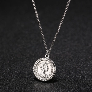 Silver Queen Elizabeth portrait coin pendant necklace on elegant thin chain