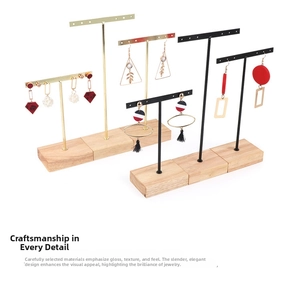 Three-tier T-bar jewelry stands with metal hooks and rectangular wooden bases