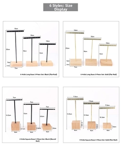 Size specifications for wooden base earring display stands in black and gold metal finishes