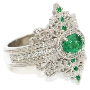 Vintage royal style copper ring with oval emerald gemstone and white zircon accents