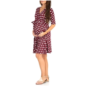 Short sleeve V-neck maternity dress with burgundy polka dot pattern and waist tie