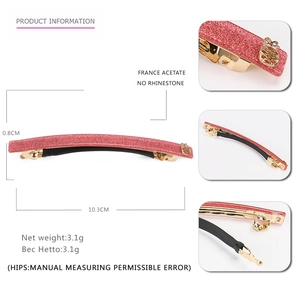 Pink glitter acetate geometric barrette hair clip with gold base 10.3cm length