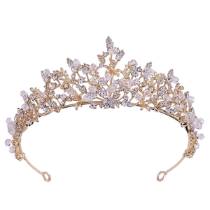 Exquisite gold alloy bridal crown with sparkling crystal rhinestones and floral branch design