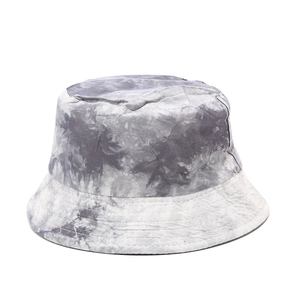 Unisex grey and white tie-dye cotton bucket hat with reversible wide brim design