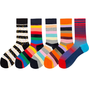 Pack of 5 pairs of colorful striped and patterned cotton crew socks for men and women