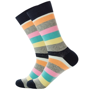 Colorful striped crew socks with vibrant horizontal patterns on a clean white background