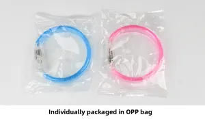 Detail of LED glowing bracelets in individual OPP bag packaging with battery modules