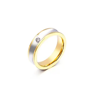 Bague En Acier Inoxydable Bicolore Avec Incrustation De Zircone Bande Géométrique Pour Hommes Et Femmes Bijoux Mode
