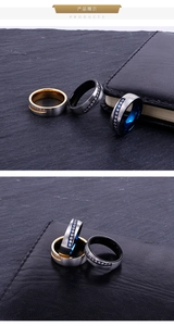 Detail of brushed stainless steel ring with black plating and centered cubic zirconia stones