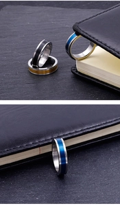 Détail de bagues en acier inoxydable de 5 mm avec finition rayée bleue, noire et dorée