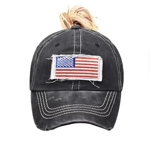 Detailed embroidery of US flag on black washed cotton distressed baseball cap