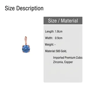 Détail des boucles d'oreilles en or rose et zircon bleu montrant 1,8 cm de long et 0,9 cm