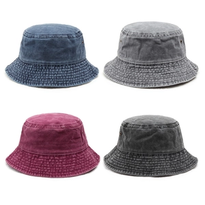 Retro washed denim bucket hats for women in blue, grey, and red vintage styles
