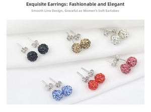 Detailed view of six pairs of shimmering disco ball stud earrings in multiple colors